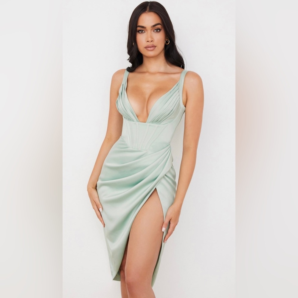 House of CB Faye Satin Pleated Midi Dress in Light Green Pistachio Retails $269
